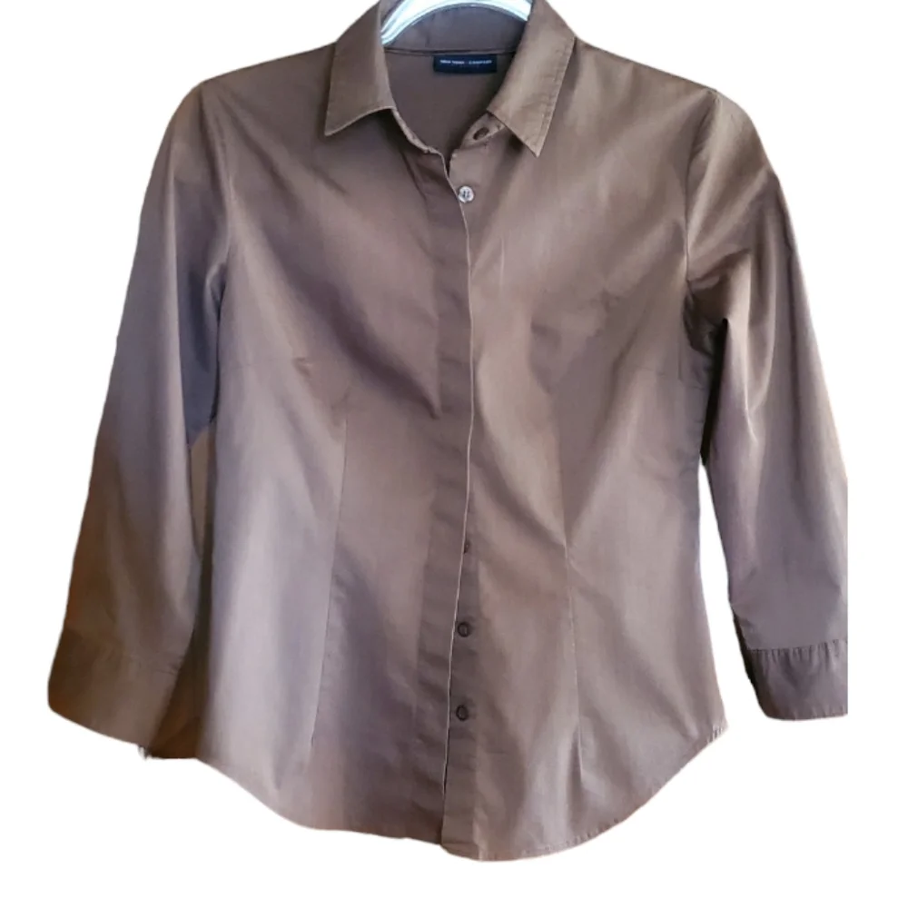 New York & Co Stretch Button Front 3/4 Sleeve Brown Shirt XS - Picture 3 of 6